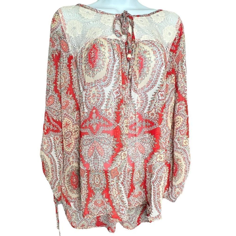 Umgee Women's Printed Lace Trim Tie Front 3/4 Sleeve Top Blouse Red Size XL